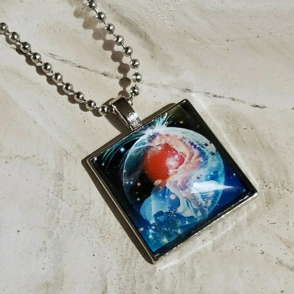 Hand Crafted Man in the Moon Nebula Square Glass Cabochon Pendant  Necklace - Picture 2 of 4